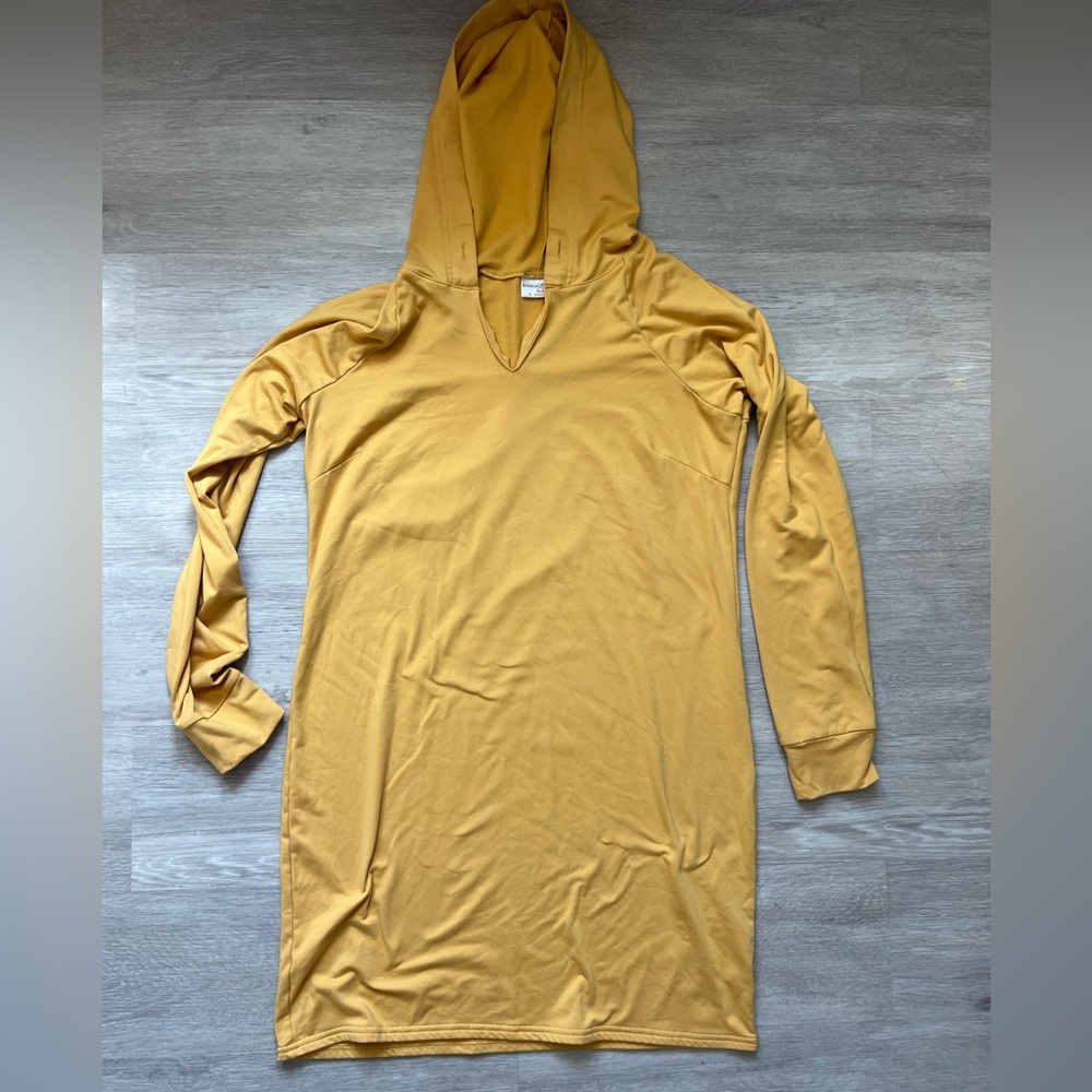 Mustard Yellow Hooded Long Sleeve Tunic Dress soft sweatshirt knit Swim Cover Lg